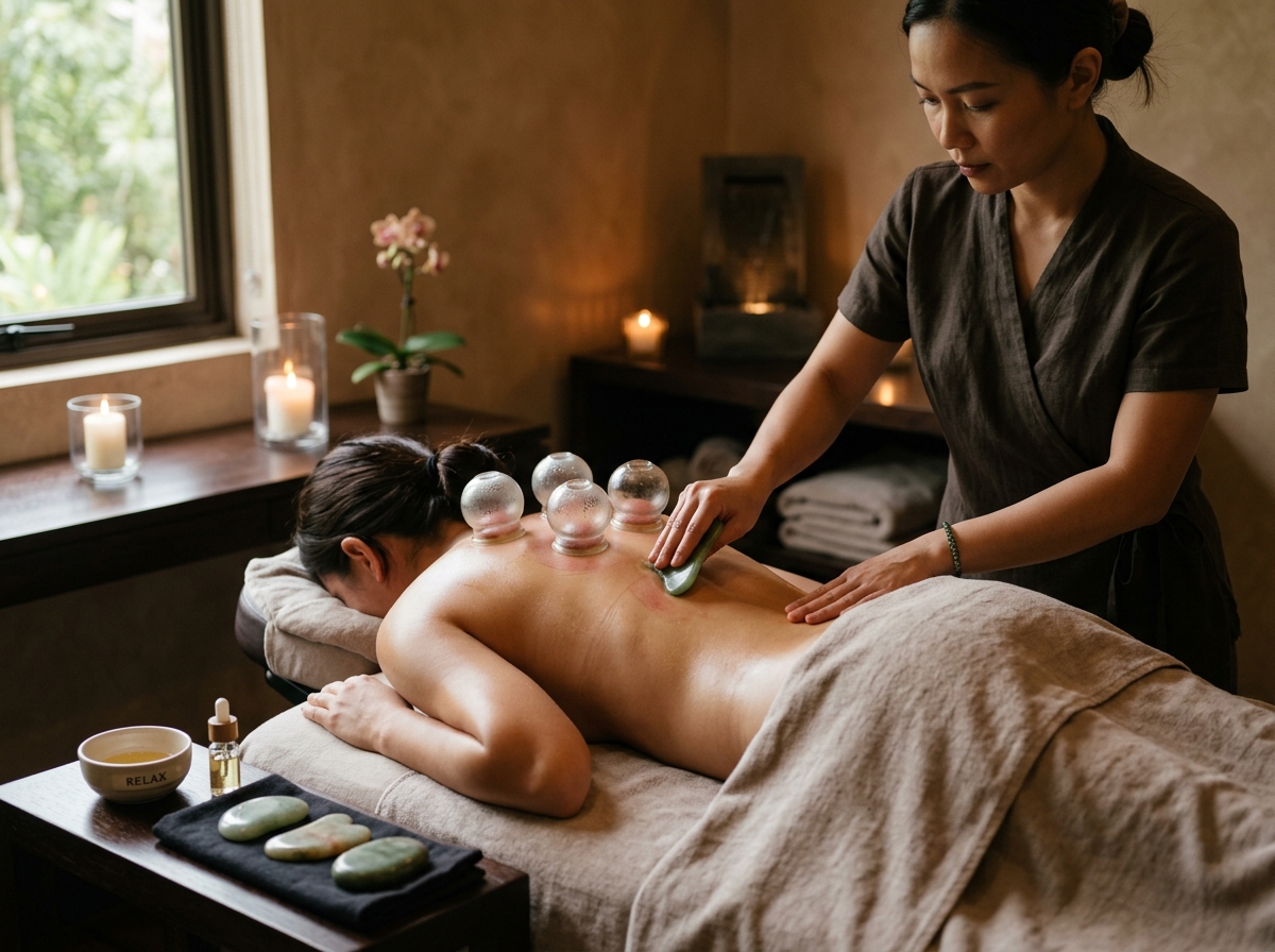 Traditional vacuum cupping and jade stone gua sha therapy