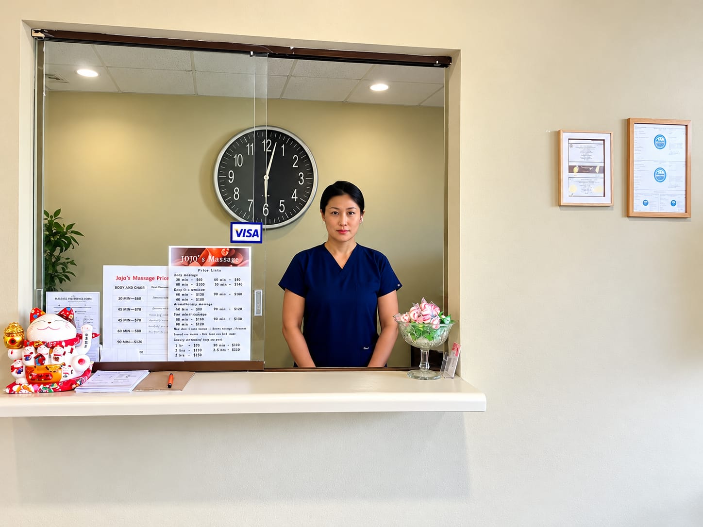 Founder Susan at Jojo's Massage Woodstock reception desk