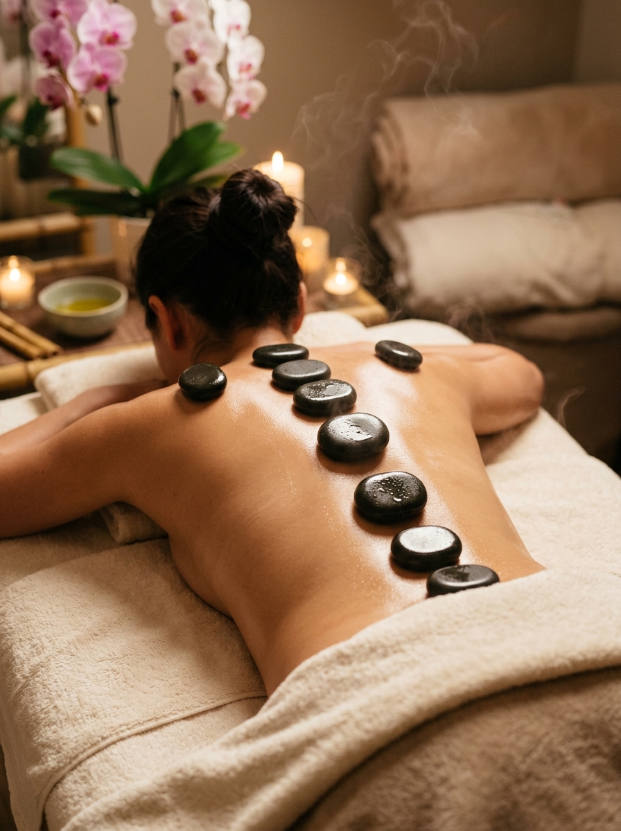 Heated volcanic basalt stone massage therapy