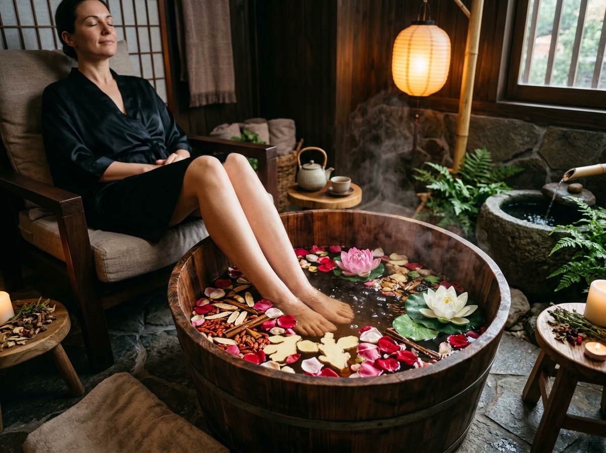 Steaming Chinese medicinal herbal foot soak in cedar wood tub